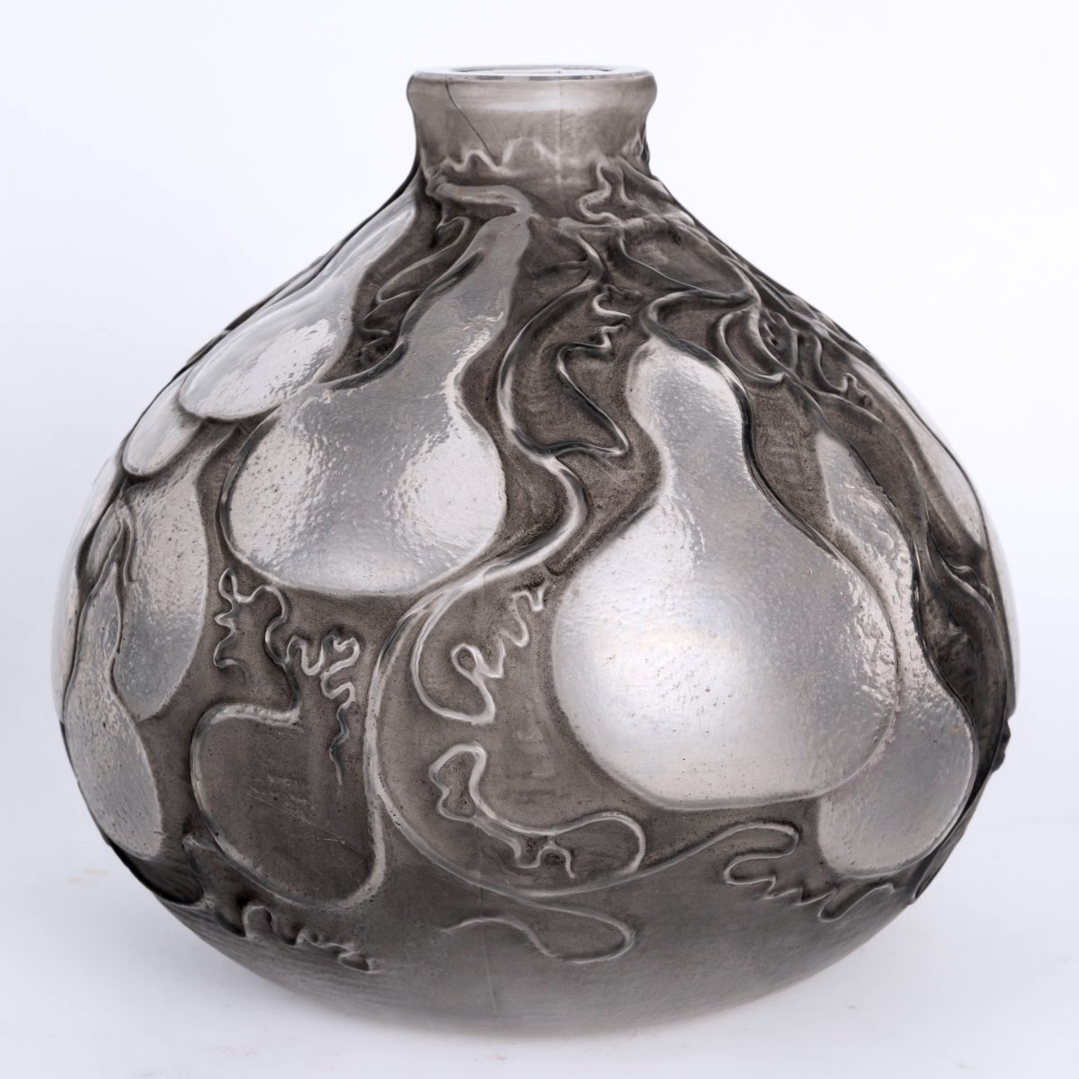 1914 René Lalique - Vase Courges Verre Blanc Patiné Gris-photo-2