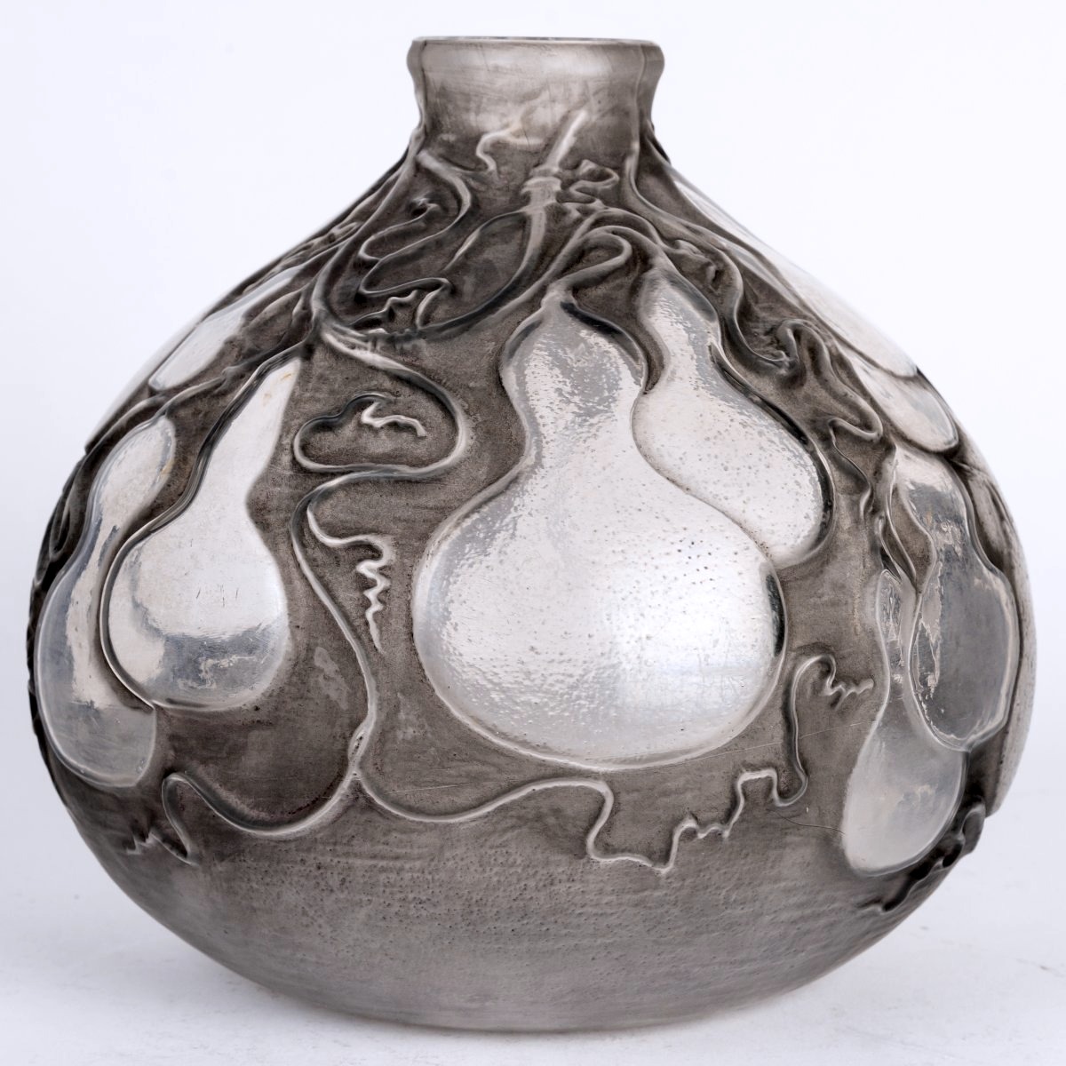 1914 René Lalique - Vase Courges Verre Blanc Patiné Gris-photo-3