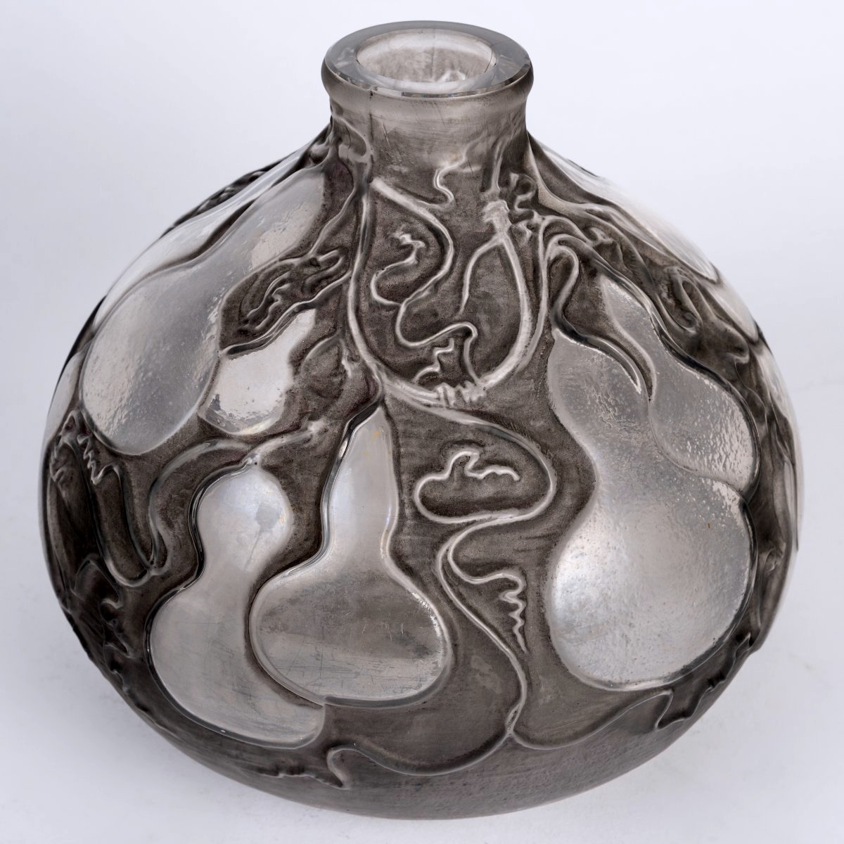 1914 René Lalique - Vase Courges Verre Blanc Patiné Gris-photo-1