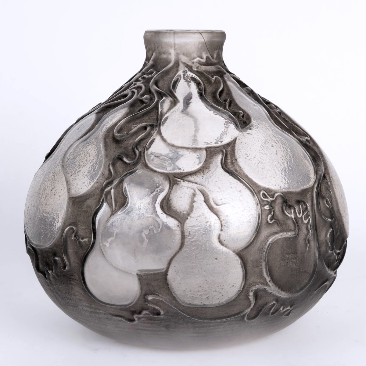 1914 René Lalique - Vase Courges Verre Blanc Patiné Gris