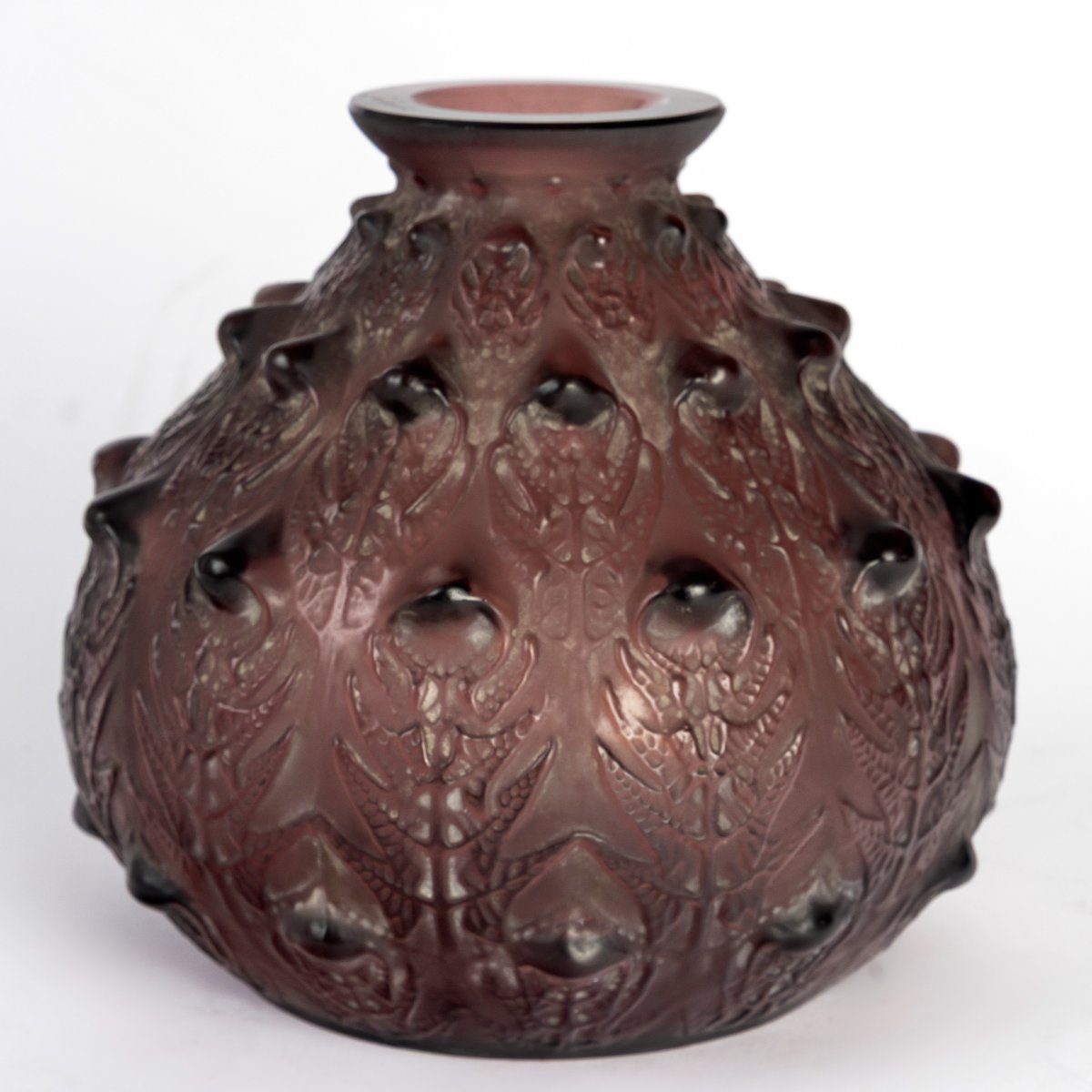 1912 René Lalique - Vase Fougères Verre Améthyste Patiné Blanc-photo-2