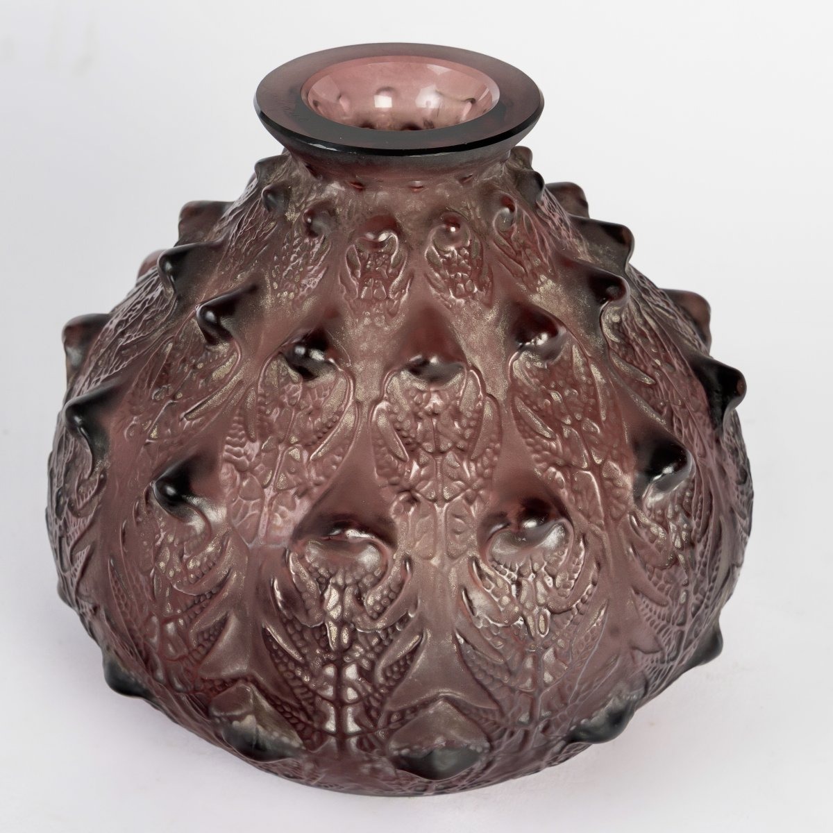 1912 René Lalique - Vase Fougères Verre Améthyste Patiné Blanc-photo-3