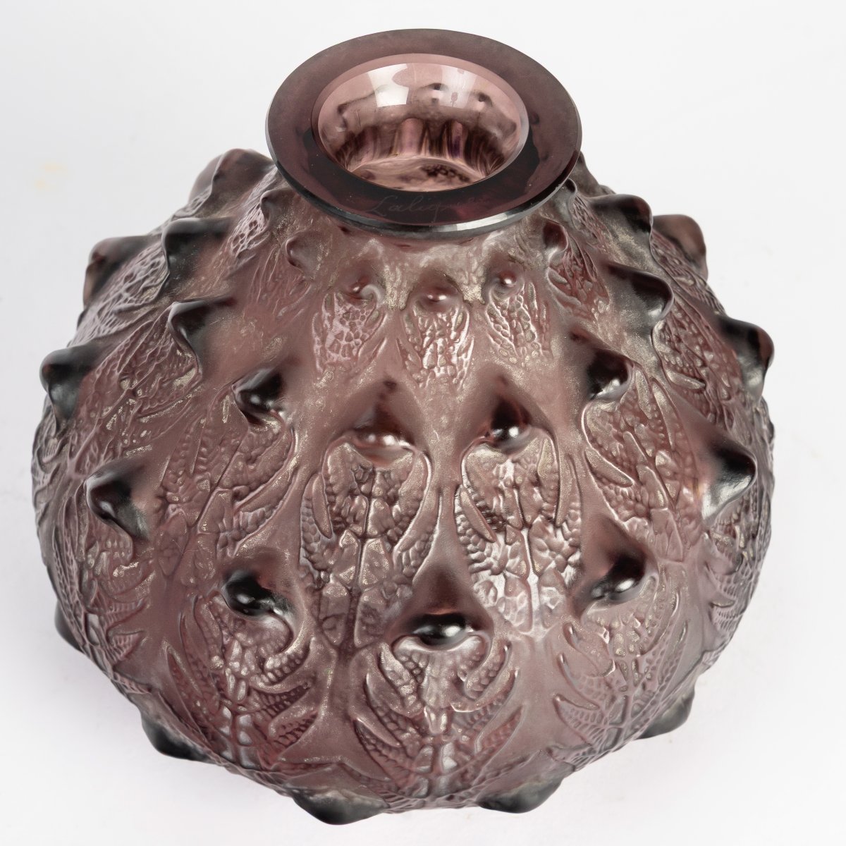 1912 René Lalique - Vase Fougères Verre Améthyste Patiné Blanc-photo-4