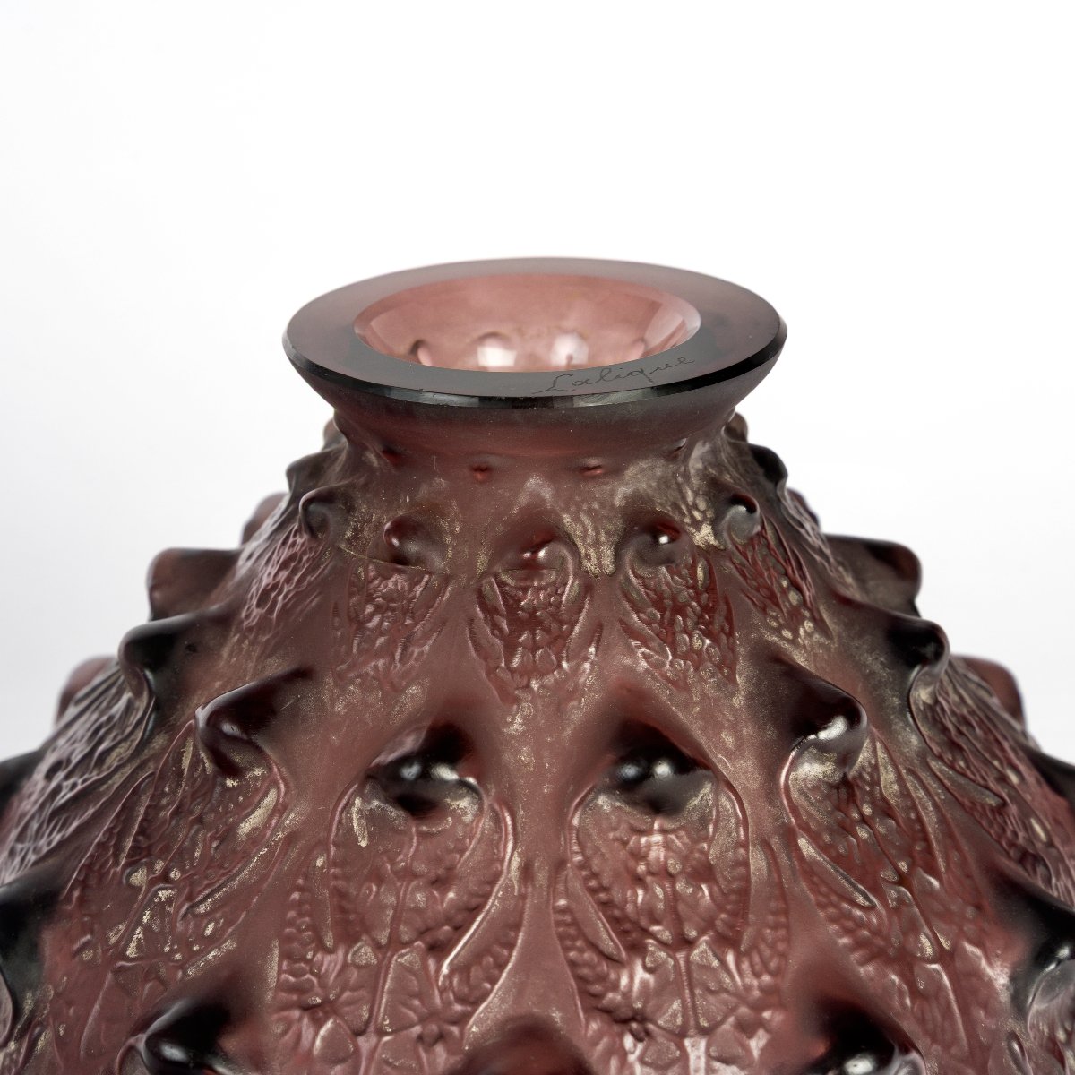 1912 René Lalique - Vase Fougères Verre Améthyste Patiné Blanc-photo-2