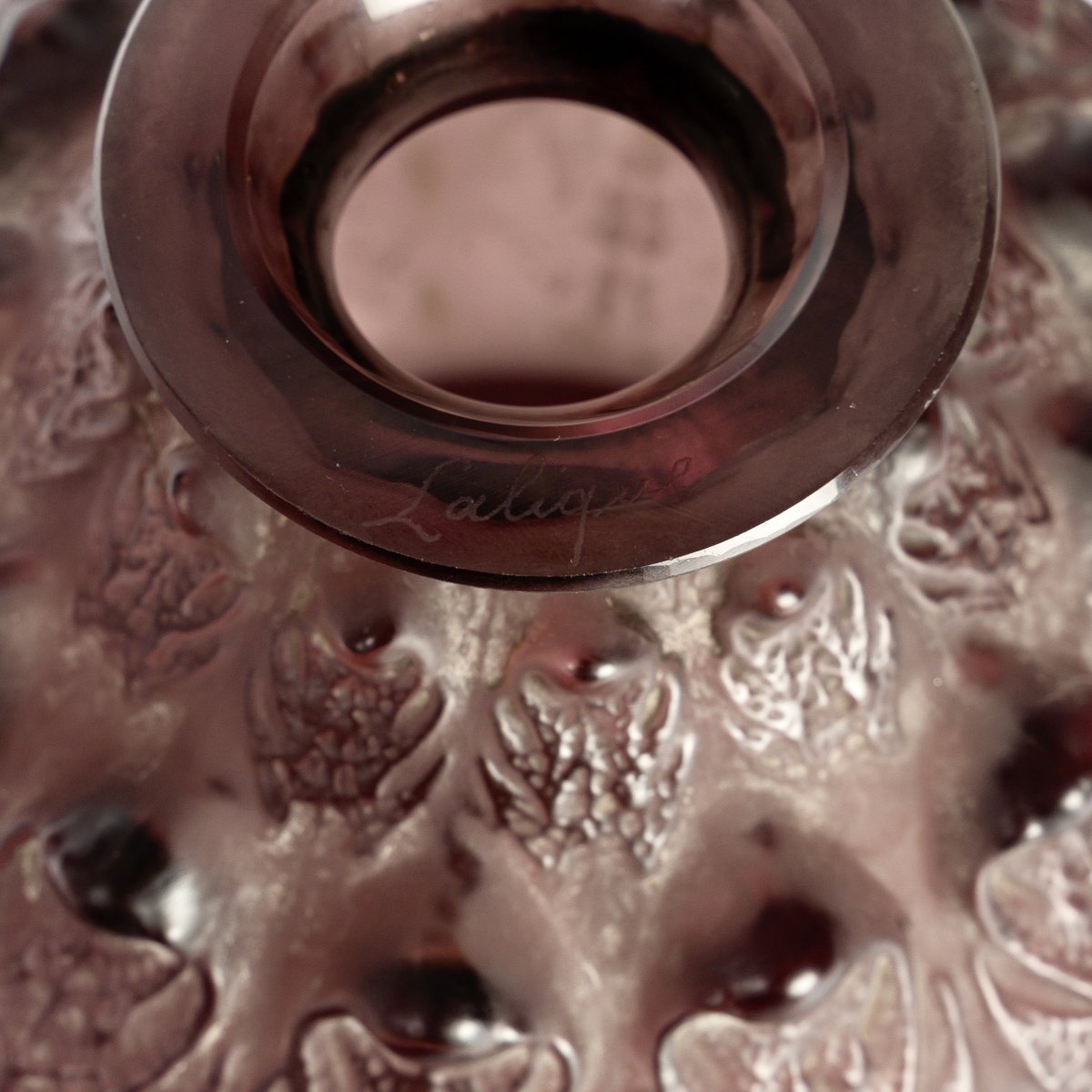 1912 René Lalique - Vase Fougères Verre Améthyste Patiné Blanc-photo-4