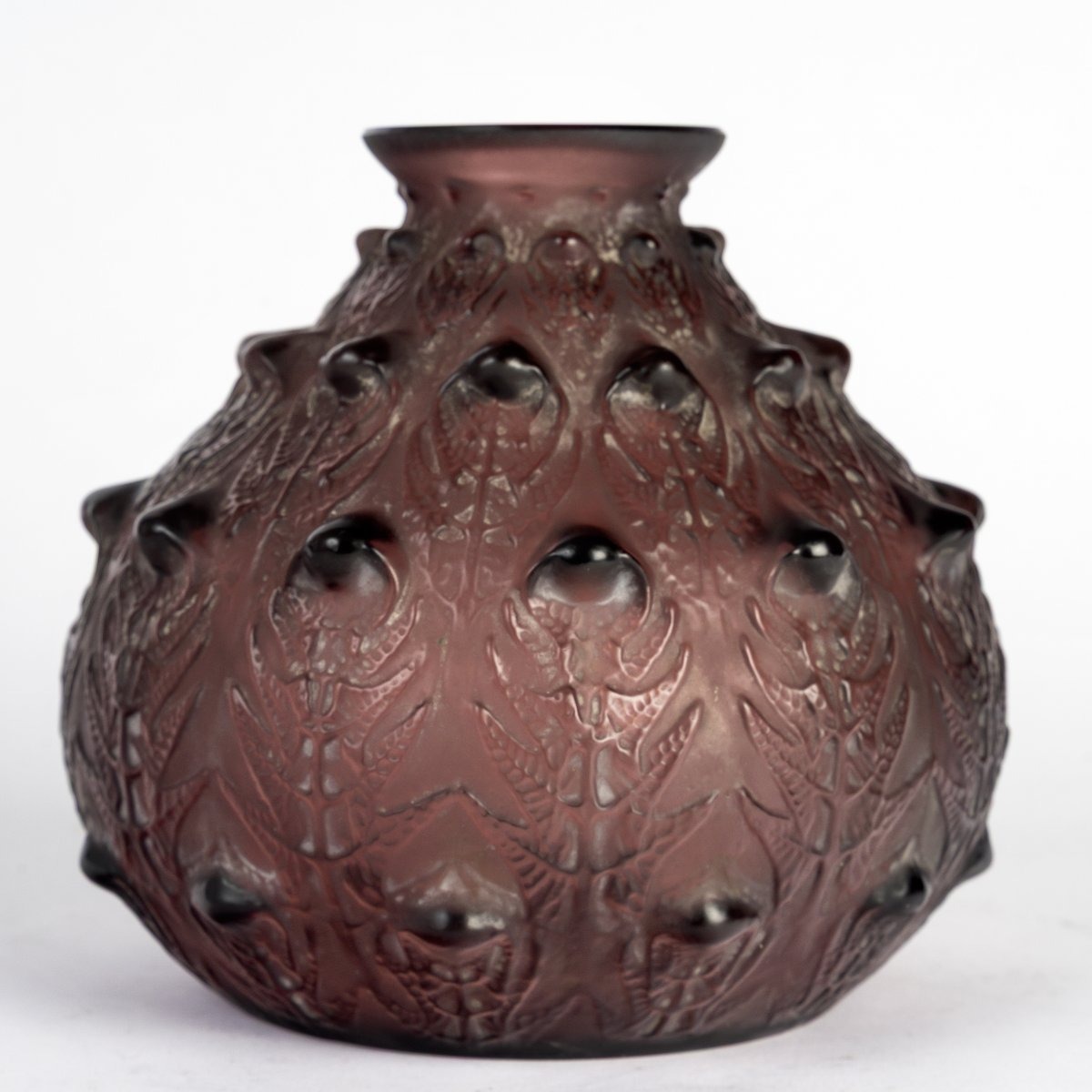 1912 René Lalique - Vase Fougères Verre Améthyste Patiné Blanc