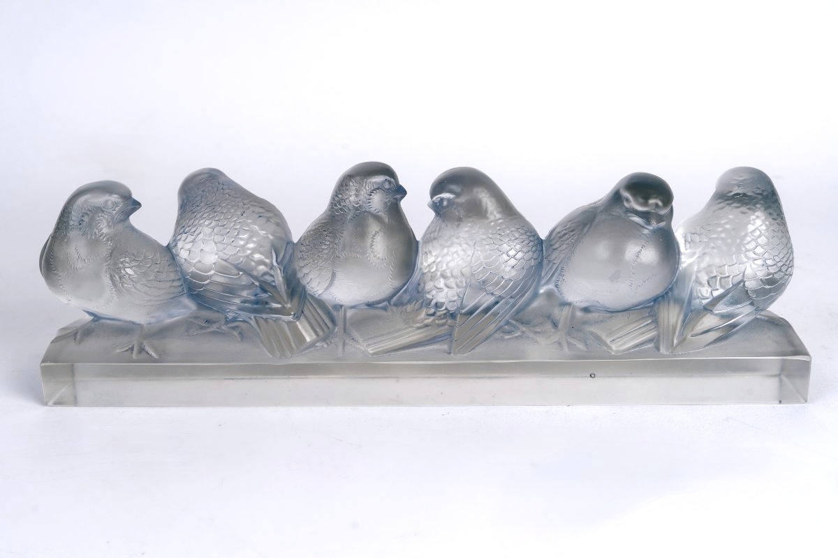 1933 René Lalique - Decoration Six Moineaux Sparrows Glass With Light Blue Patina-photo-2
