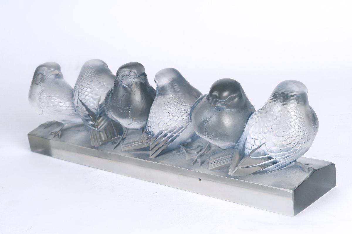 1933 René Lalique - Decoration Six Moineaux Sparrows Glass With Light Blue Patina-photo-3