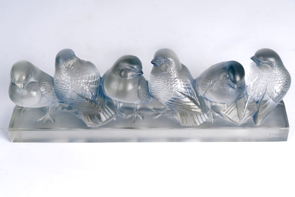 1933 René Lalique - Decoration Six Moineaux Sparrows Glass With Light Blue Patina-photo-4