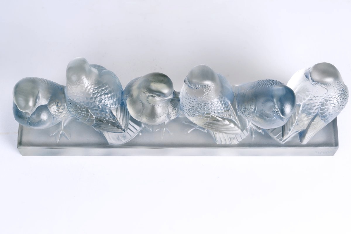 1933 René Lalique - Decoration Six Moineaux Sparrows Glass With Light Blue Patina-photo-1