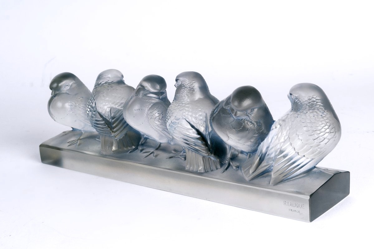1933 René Lalique - Decoration Six Moineaux Sparrows Glass With Light Blue Patina-photo-2