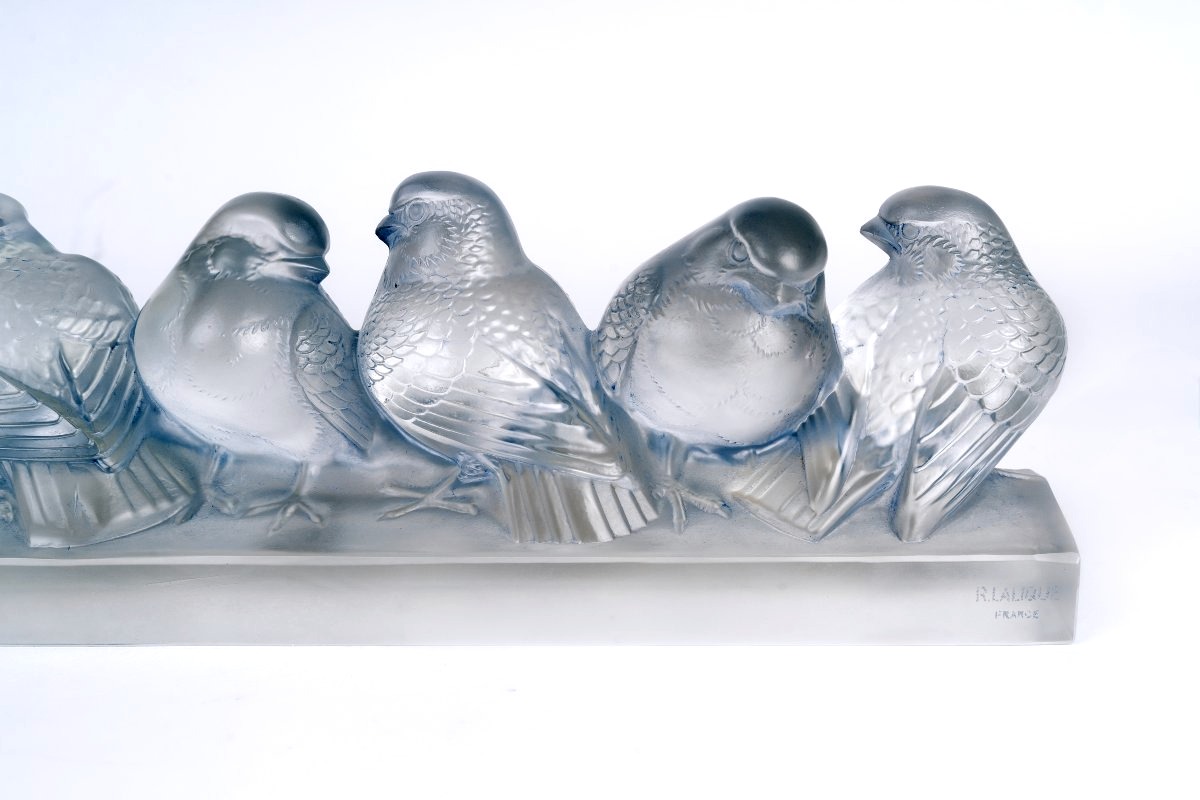 1933 René Lalique - Decoration Six Moineaux Sparrows Glass With Light Blue Patina-photo-3