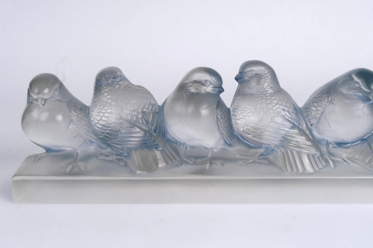 1933 René Lalique - Decoration Six Moineaux Sparrows Glass With Light Blue Patina-photo-4