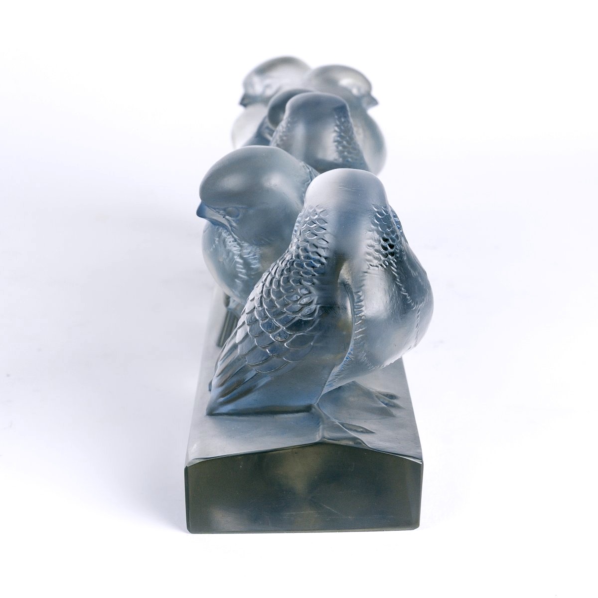 1933 René Lalique - Decoration Six Moineaux Sparrows Glass With Light Blue Patina-photo-5