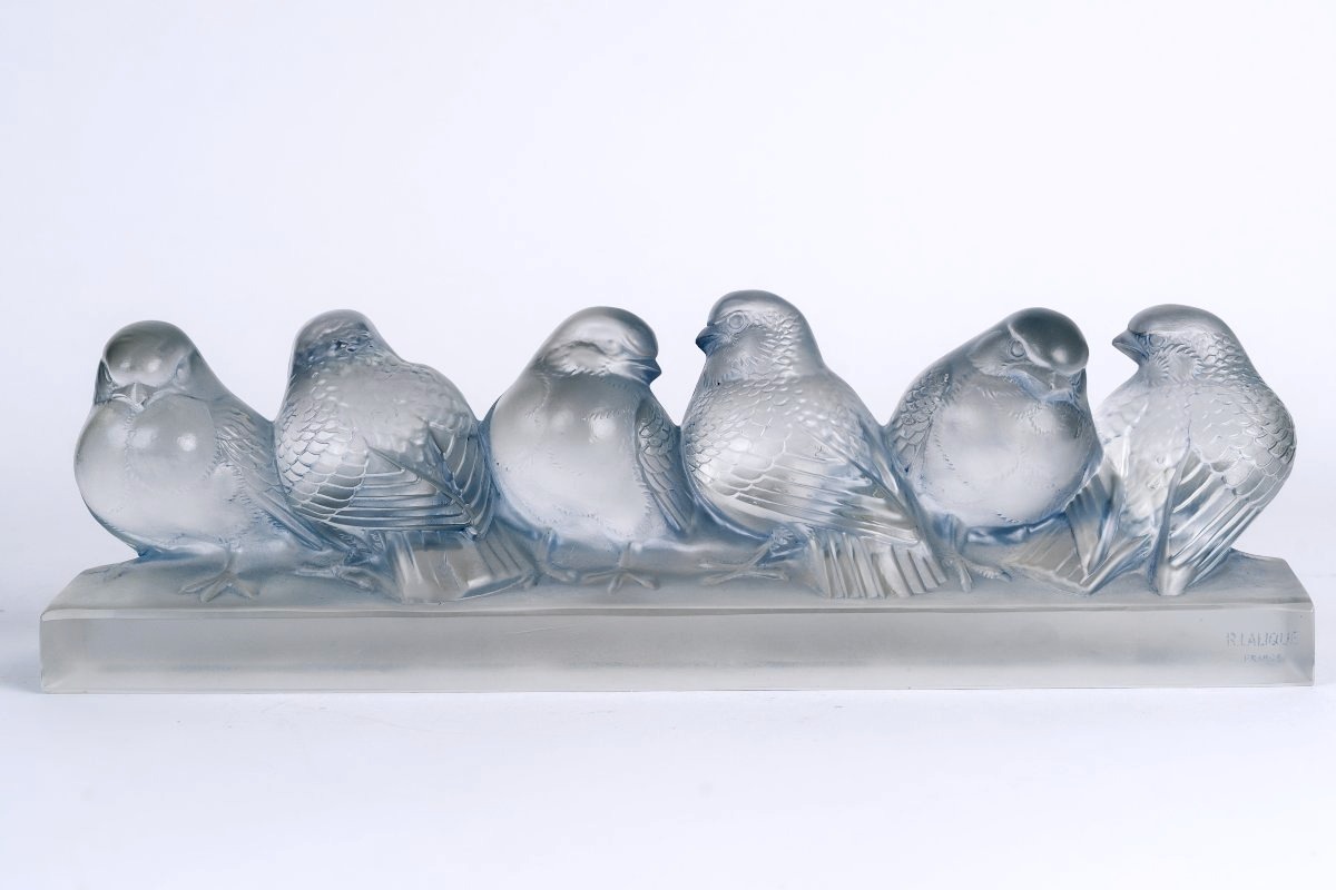 1933 René Lalique - Decoration Six Moineaux Sparrows Glass With Light Blue Patina