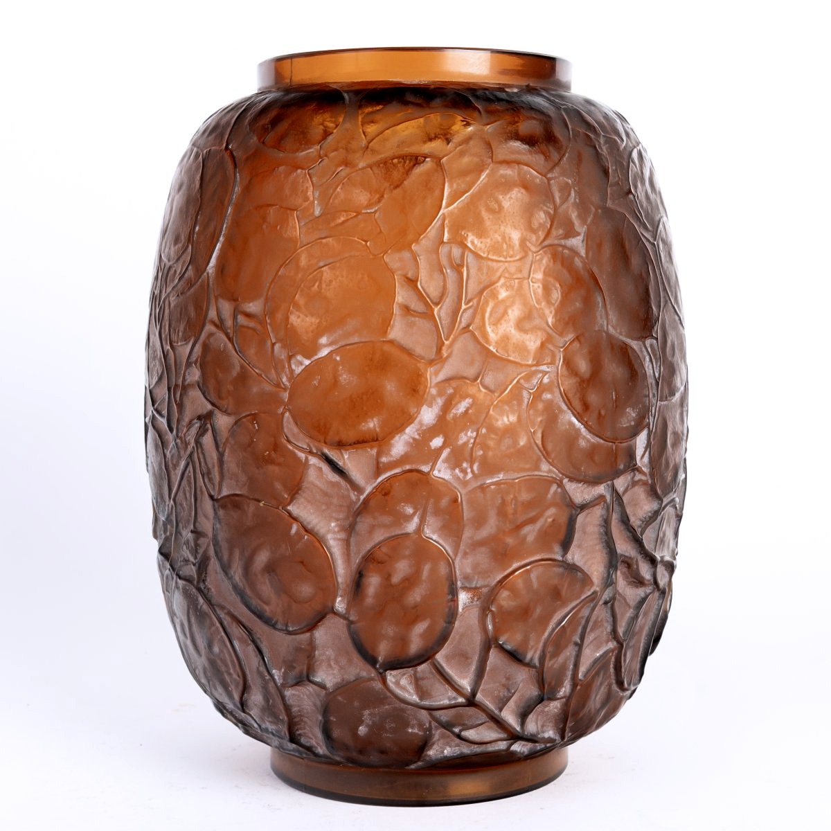 1914 René Lalique - Vase Monnaie Du Pape Verre Rouge Ambré Patiné Blanc-photo-2