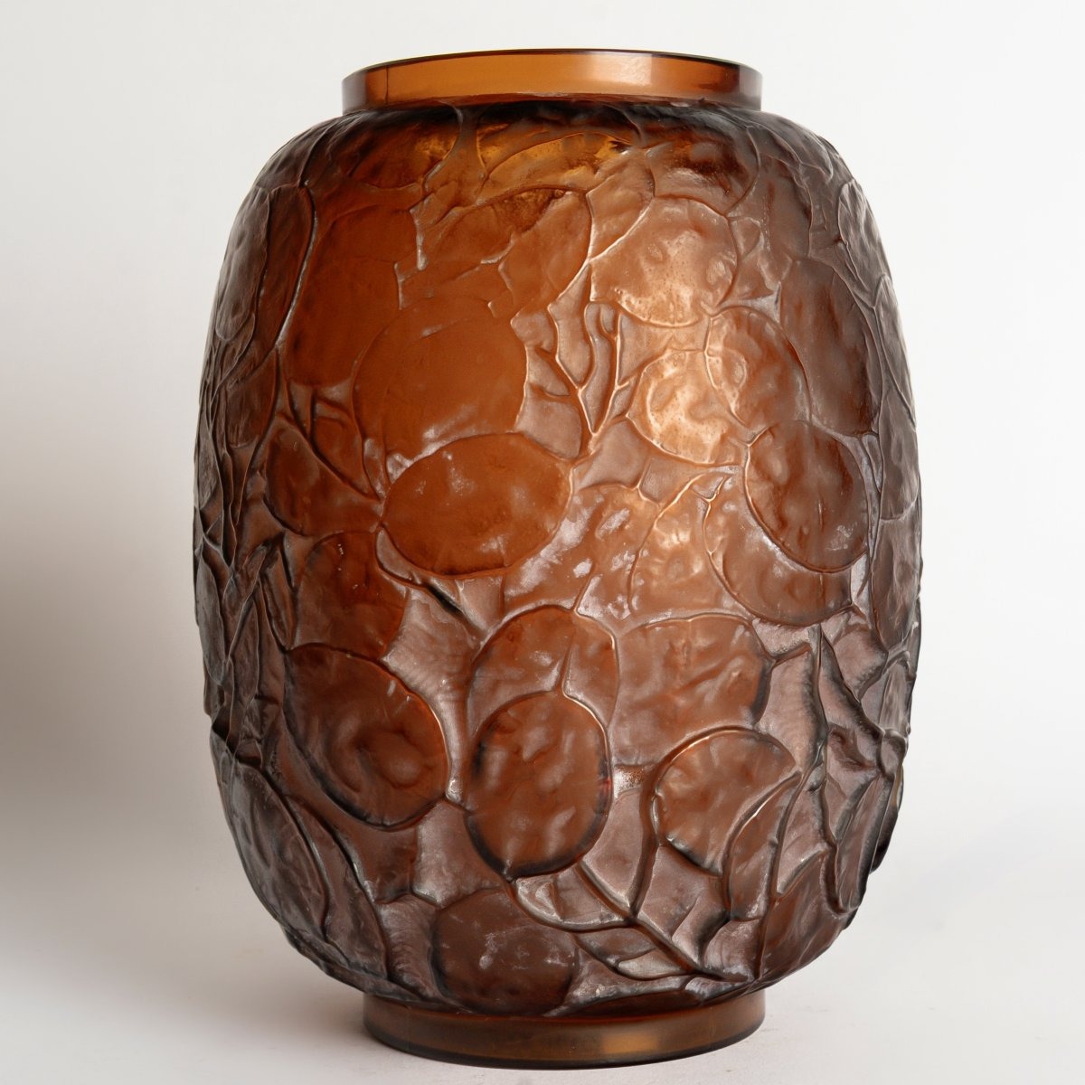 1914 René Lalique - Vase Monnaie Du Pape Verre Rouge Ambré Patiné Blanc-photo-3