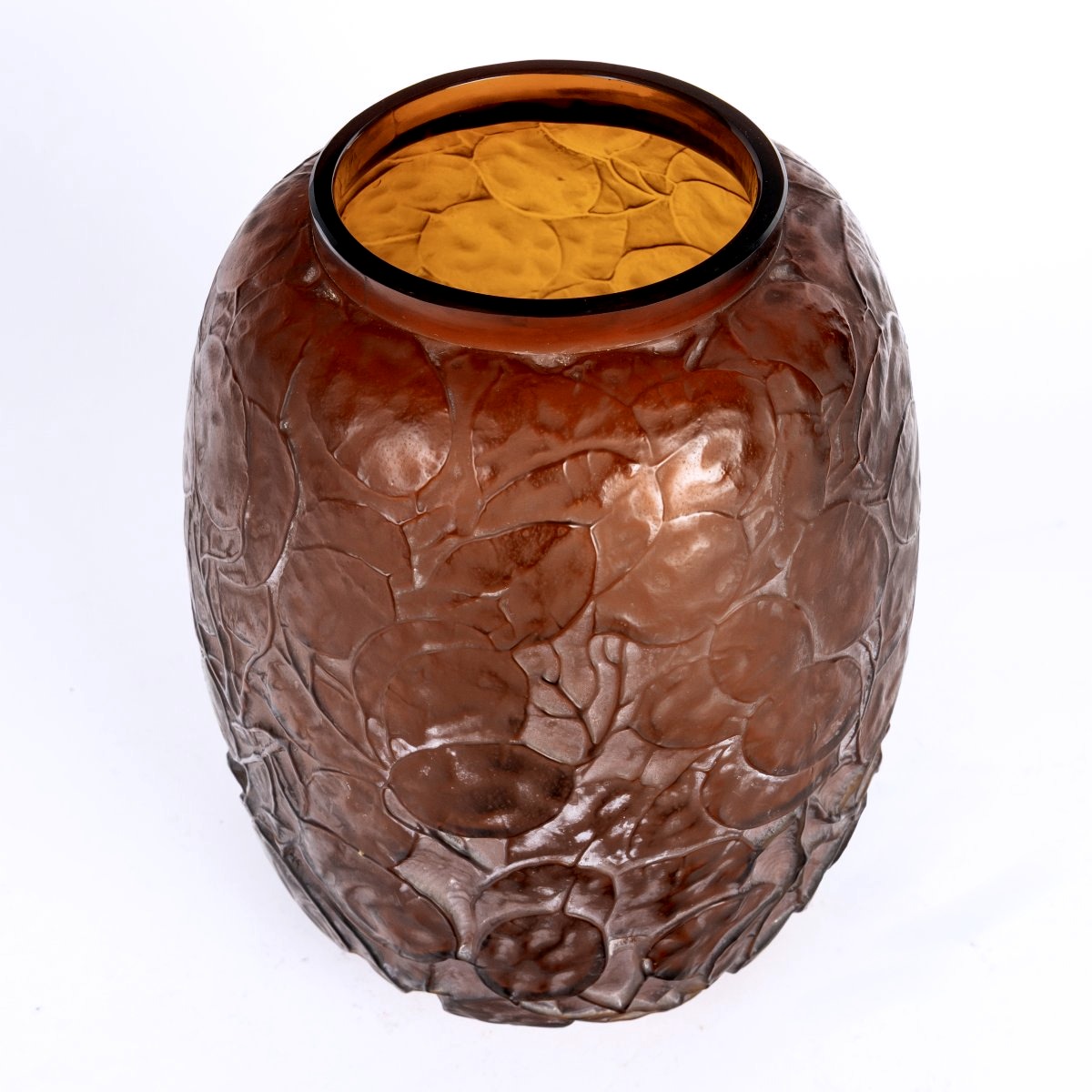 1914 René Lalique - Vase Monnaie Du Pape Verre Rouge Ambré Patiné Blanc-photo-4