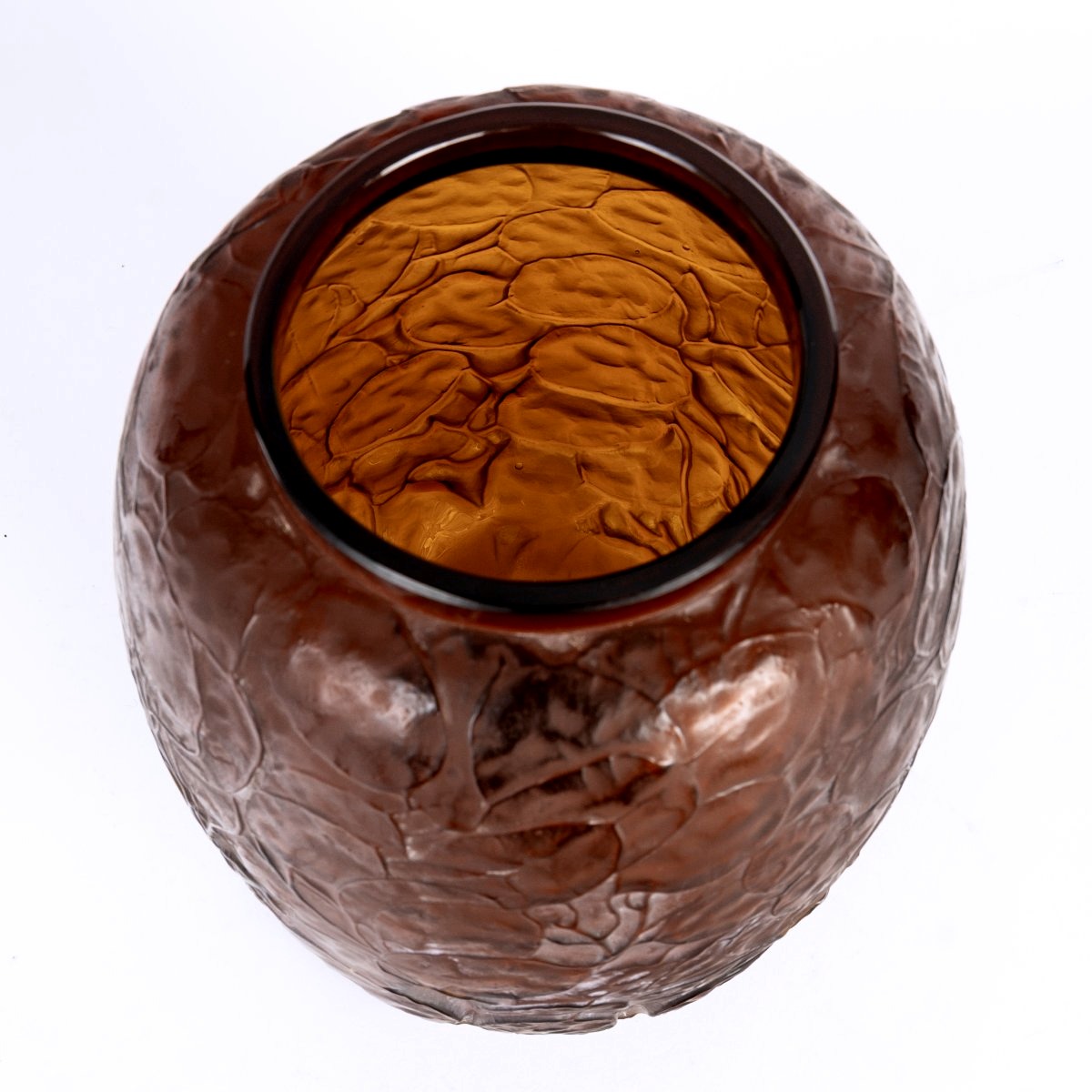1914 René Lalique - Vase Monnaie Du Pape Verre Rouge Ambré Patiné Blanc-photo-1
