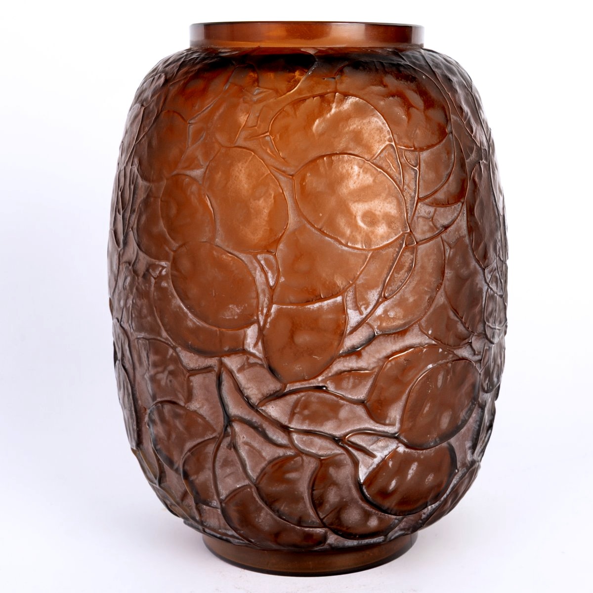 1914 René Lalique - Vase Monnaie Du Pape Verre Rouge Ambré Patiné Blanc