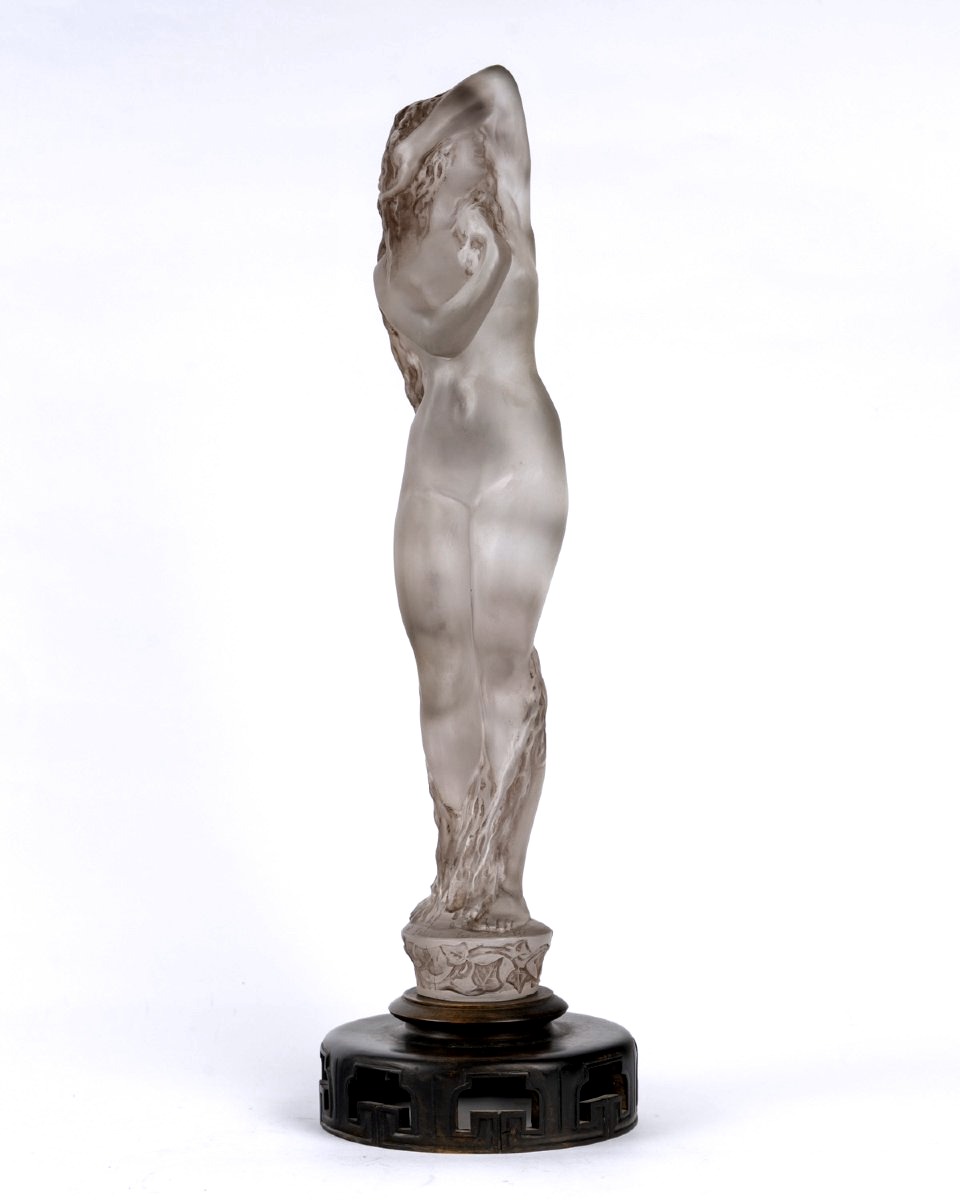 1919 René Lalique - Statuette Grande Nue Lierre Verre Blanc Patiné Sépia