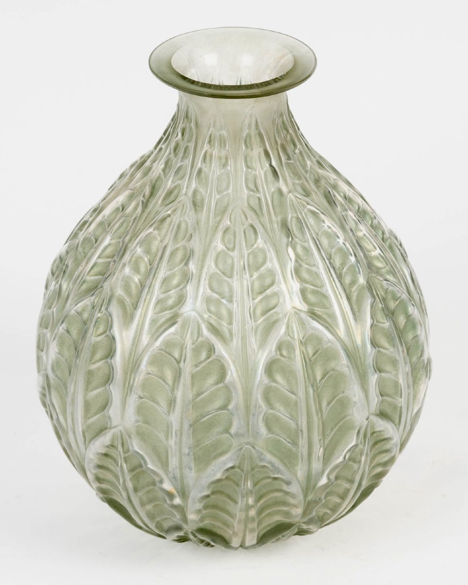 1927 René Lalique - Vase Malesherbes Verre Blanc Patiné Vert-photo-2