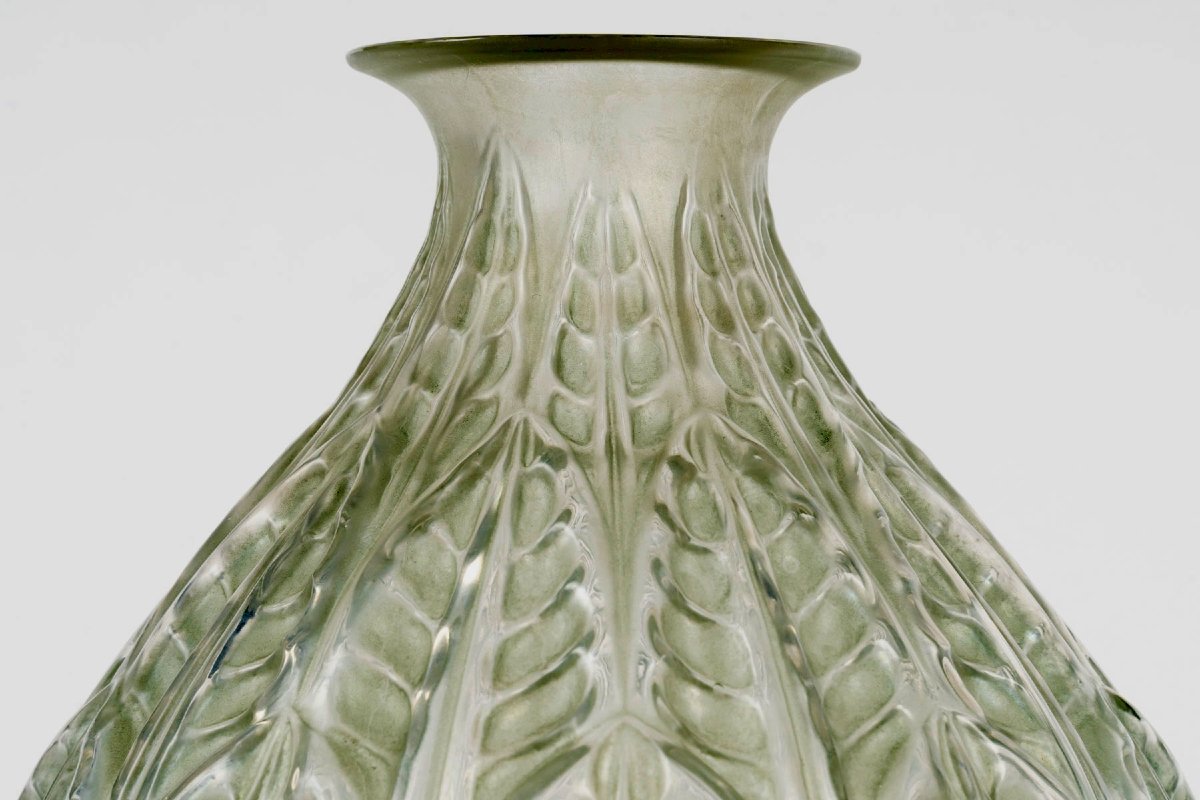 1927 René Lalique - Vase Malesherbes Verre Blanc Patiné Vert-photo-3