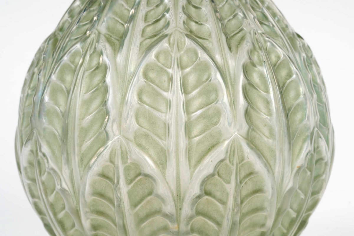 1927 René Lalique - Vase Malesherbes Verre Blanc Patiné Vert-photo-4