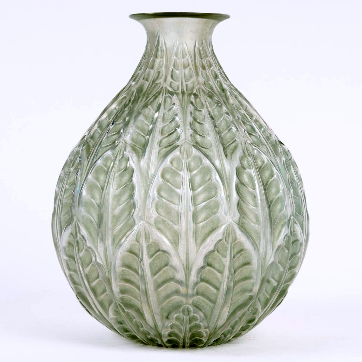 1927 René Lalique - Vase Malesherbes Verre Blanc Patiné Vert