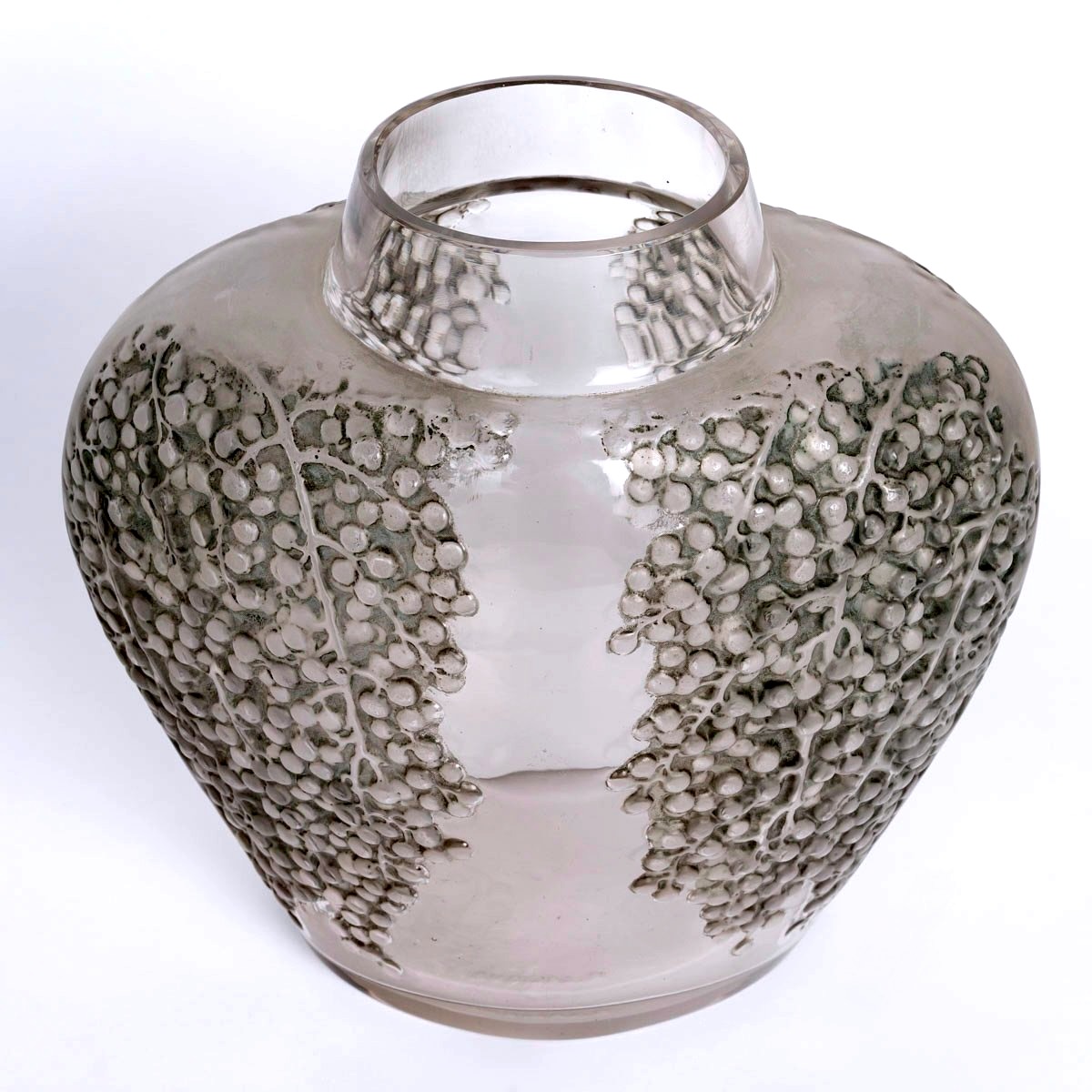 1921 René Lalique - Vase Poivre Verre Blanc Patiné Gris Vert-photo-3