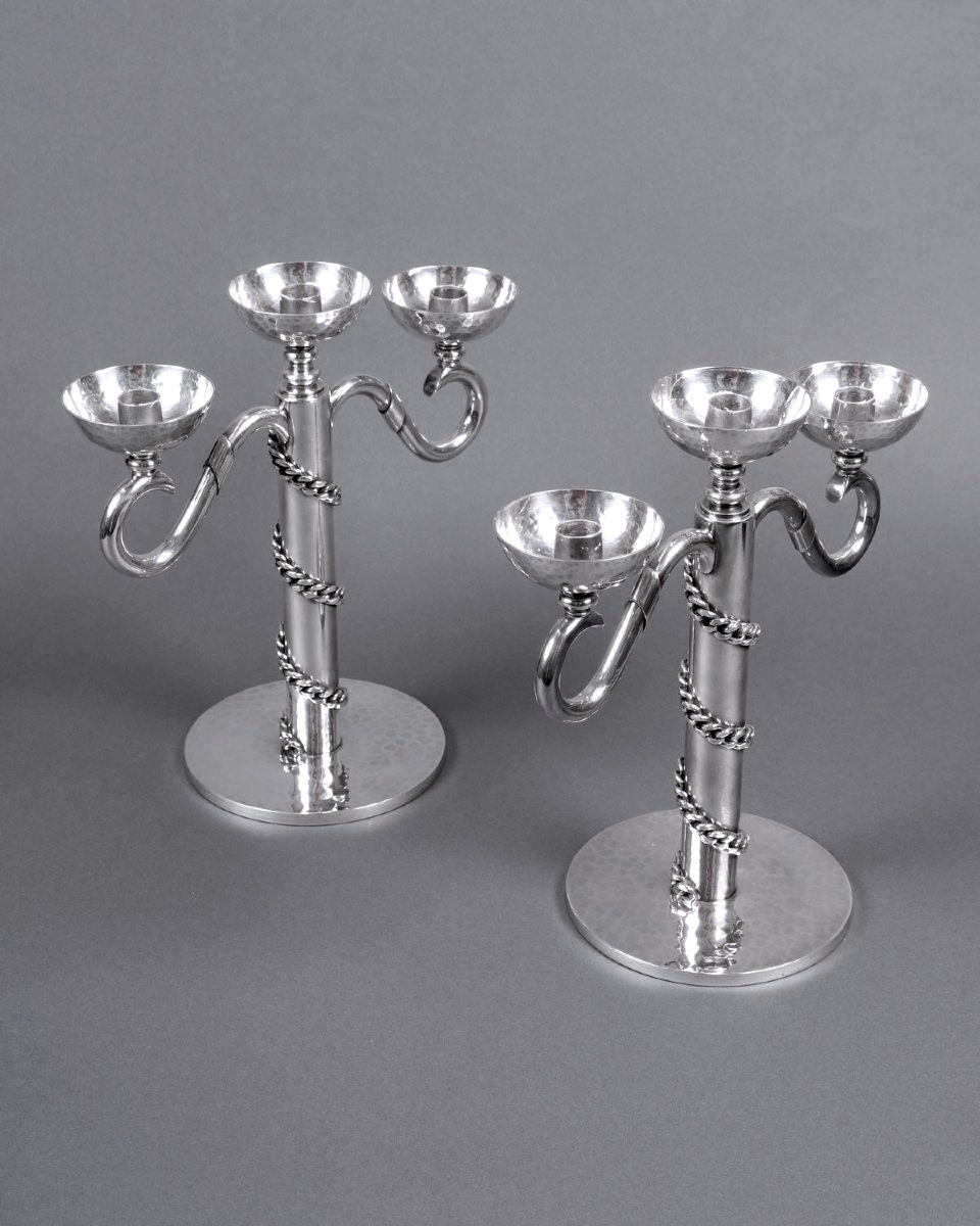 Jean Desprès - Pair Of Candlesticks Candelabras Hammered Silver-plated Metal -photo-2
