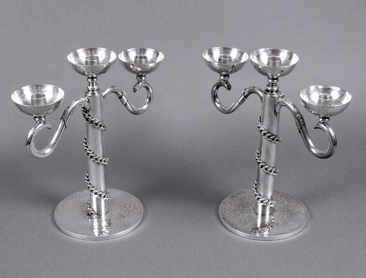 Jean Desprès - Pair Of Candlesticks Candelabras Hammered Silver-plated Metal -photo-3