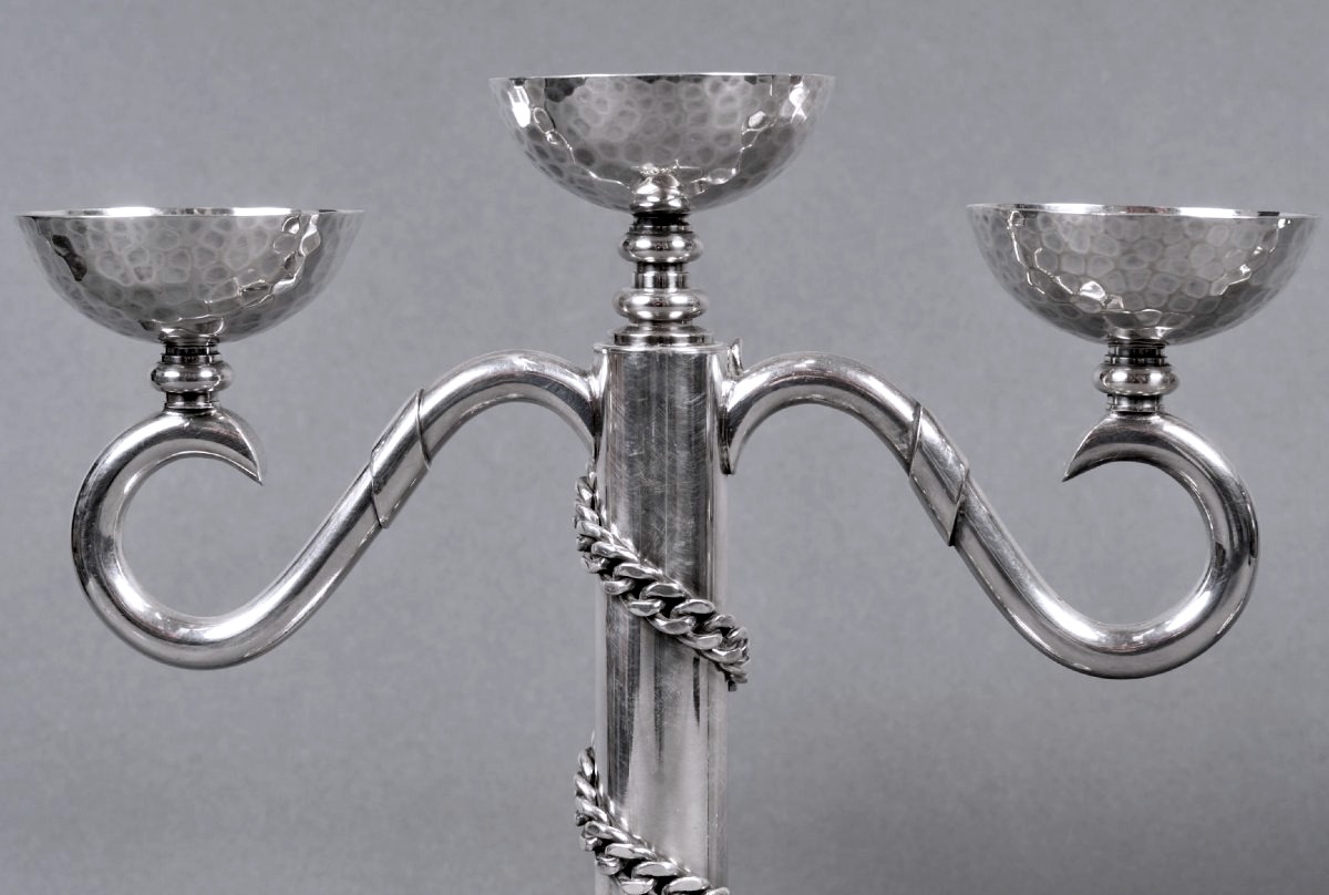 Jean Desprès - Pair Of Candlesticks Candelabras Hammered Silver-plated Metal -photo-4