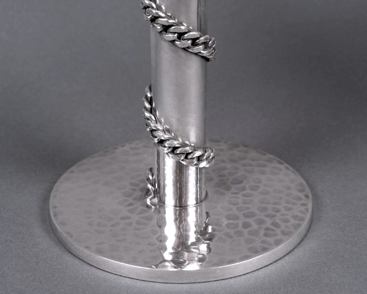 Jean Desprès - Pair Of Candlesticks Candelabras Hammered Silver-plated Metal -photo-1