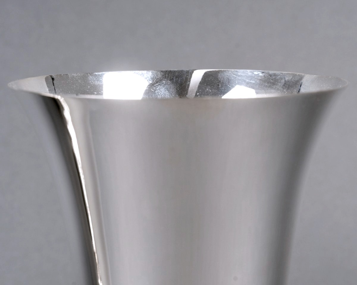 Jean Desprès - Paire de Vases Moderniste Métal Argenté Martelé-photo-3