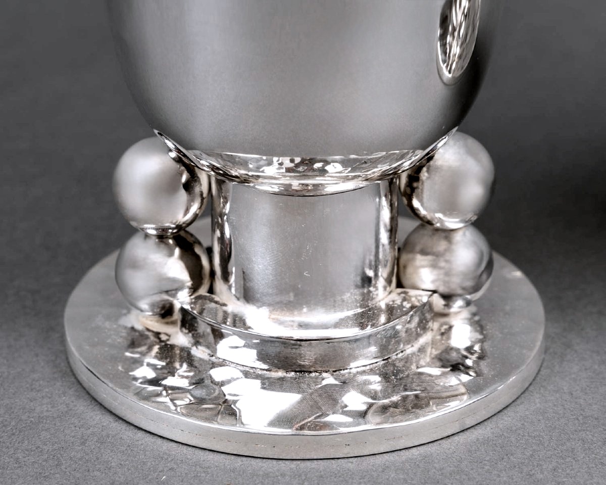 Jean Desprès - Paire de Vases Moderniste Métal Argenté Martelé-photo-4