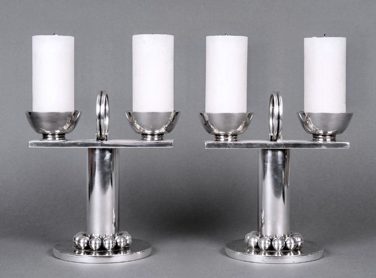 Jean Desprès - Pair Of Candelabras Candlesticks Modernist Hammered Silver-plated Metal-photo-2