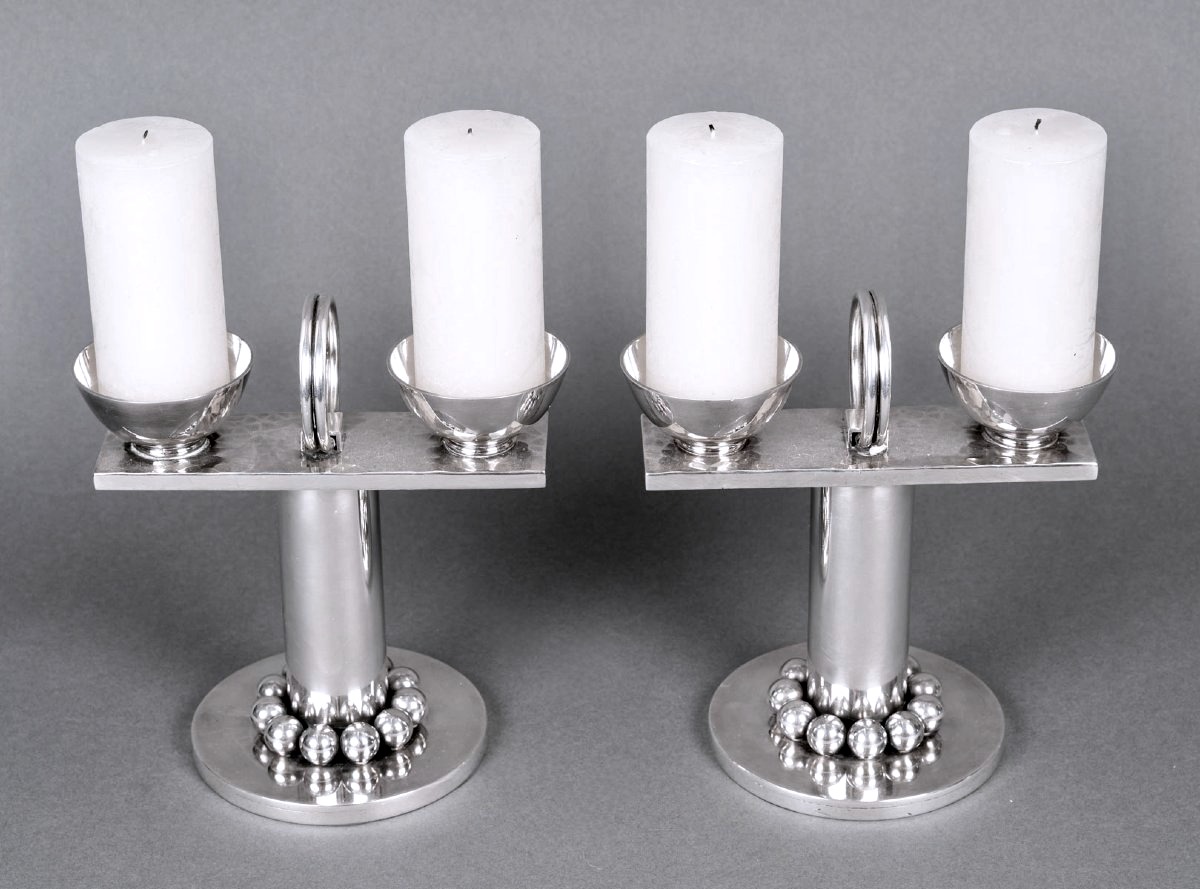Jean Desprès - Pair Of Candelabras Candlesticks Modernist Hammered Silver-plated Metal-photo-3