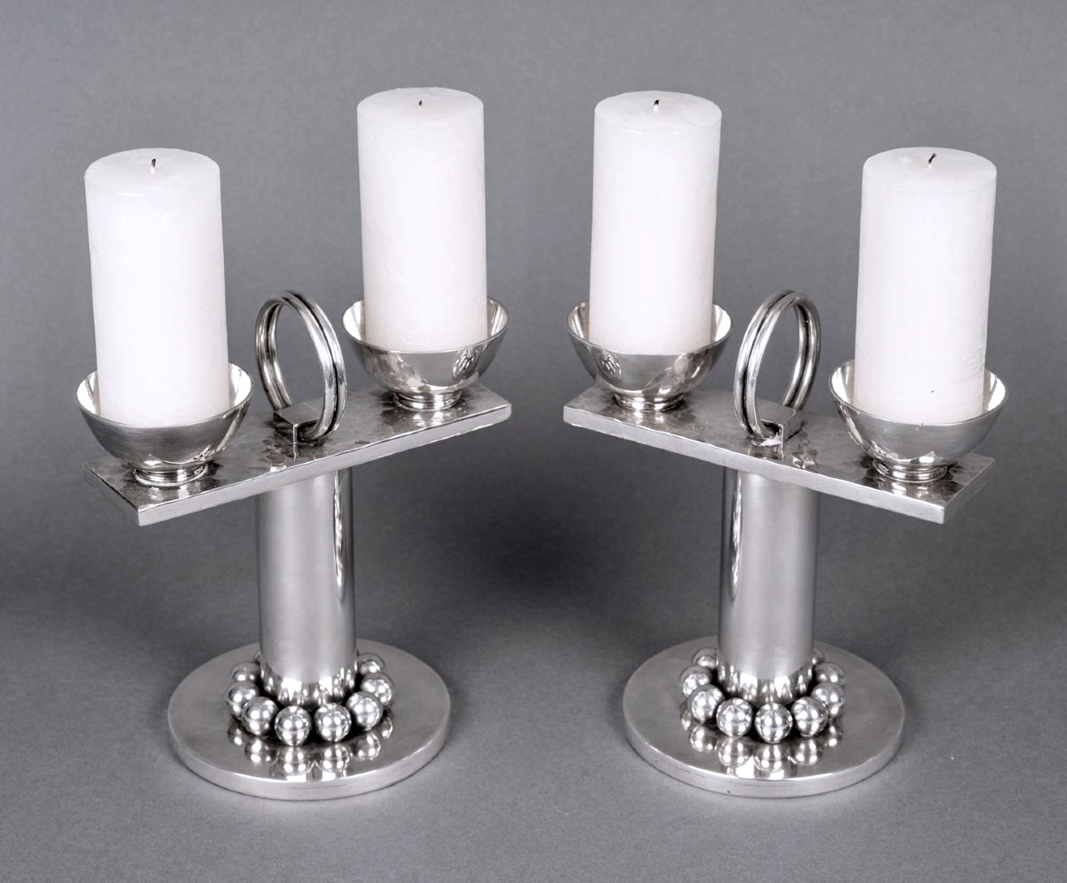 Jean Desprès - Pair Of Candelabras Candlesticks Modernist Hammered Silver-plated Metal-photo-4