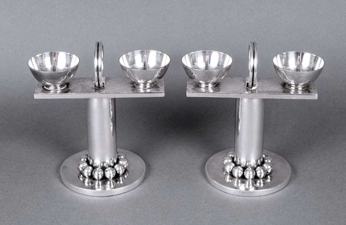 Jean Desprès - Pair Of Candelabras Candlesticks Modernist Hammered Silver-plated Metal-photo-1