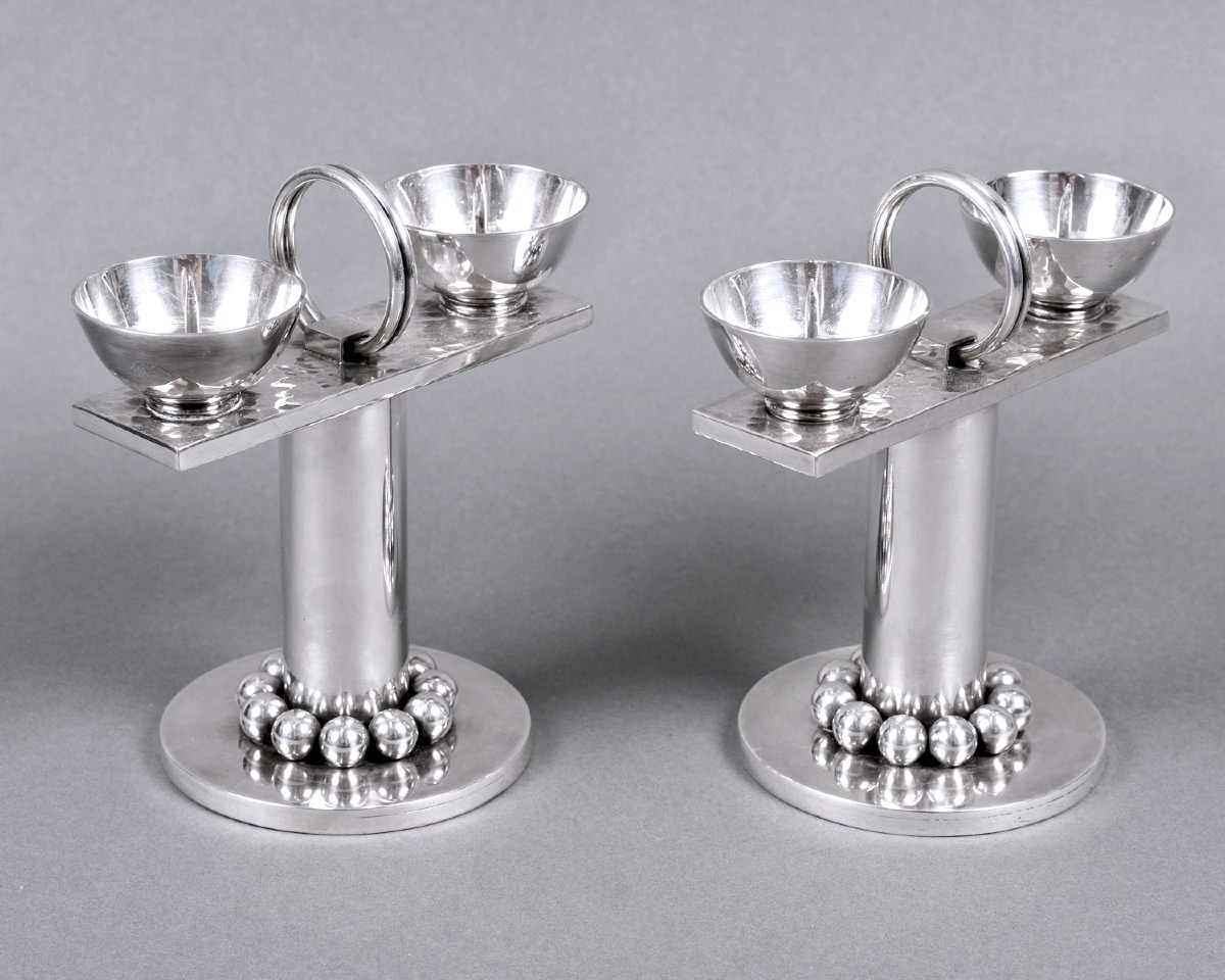 Jean Desprès - Pair Of Candelabras Candlesticks Modernist Hammered Silver-plated Metal-photo-2