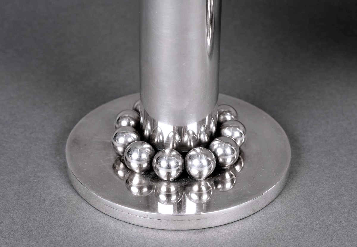 Jean Desprès - Pair Of Candelabras Candlesticks Modernist Hammered Silver-plated Metal-photo-3