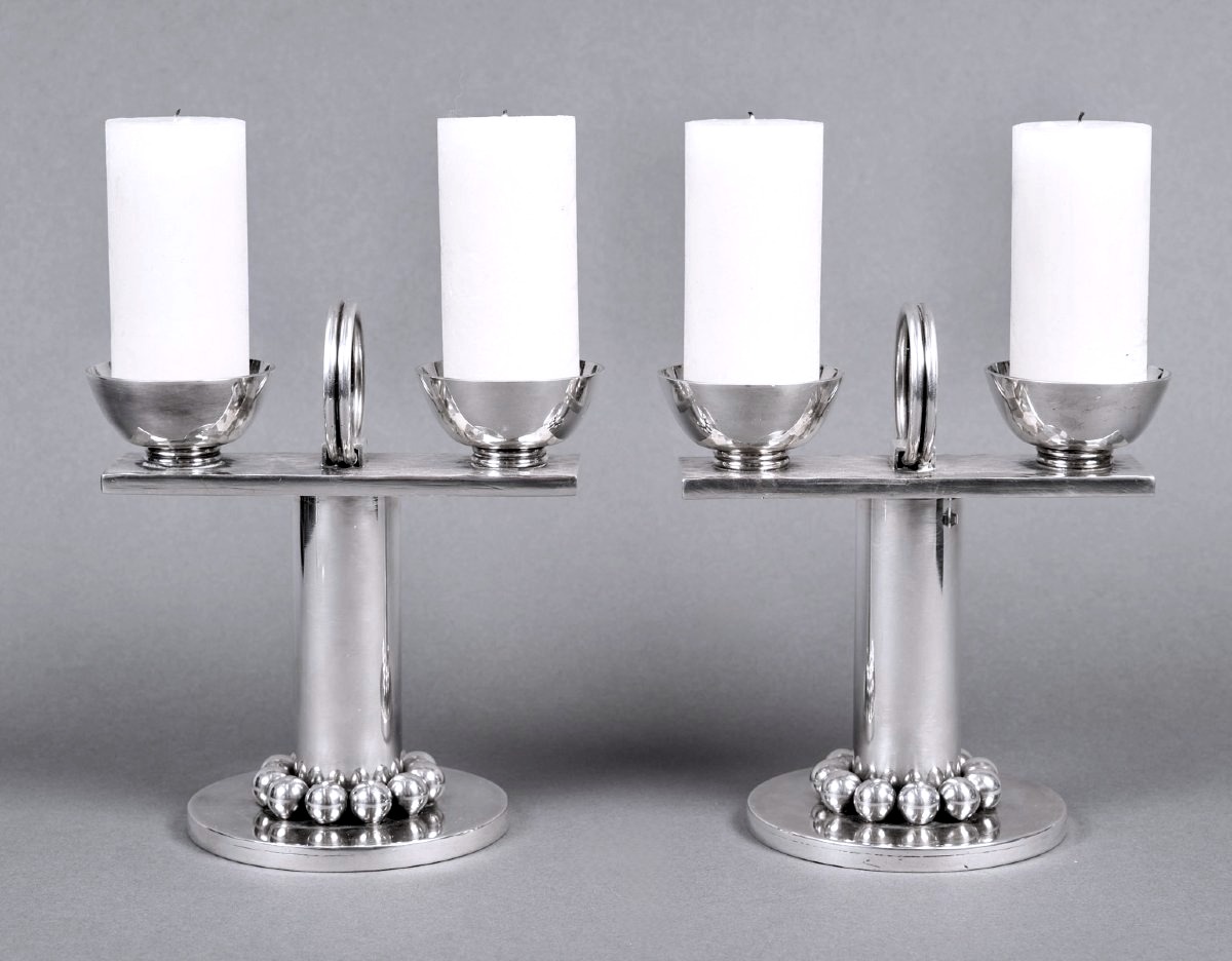 Jean Desprès - Pair Of Candelabras Candlesticks Modernist Hammered Silver-plated Metal
