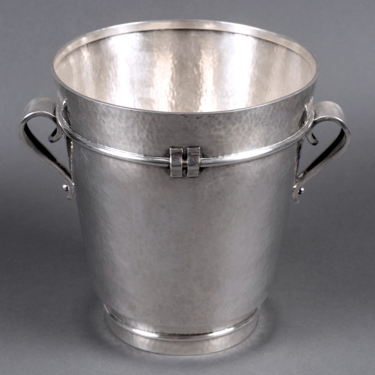 Jean Desprès - Large Champagne Bucket Modernist Hammered Silver-plated Metal-photo-2