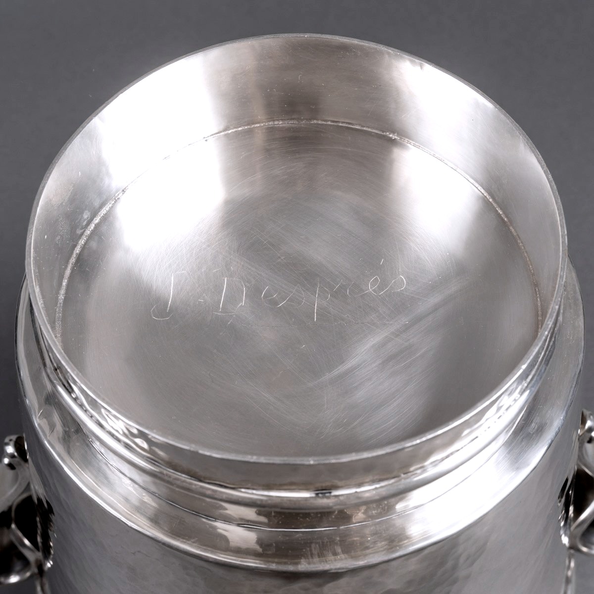 Jean Desprès - Large Champagne Bucket Modernist Hammered Silver-plated Metal-photo-3