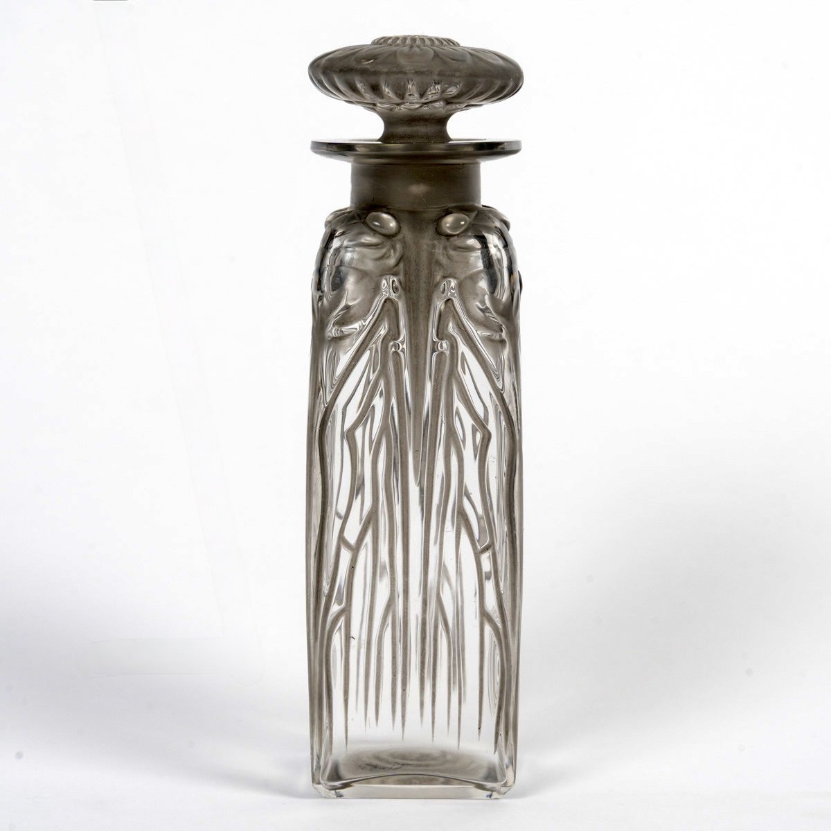 1910 René Lalique - Flacon Quatre Cigales Verre Blanc Patiné Gris-photo-2
