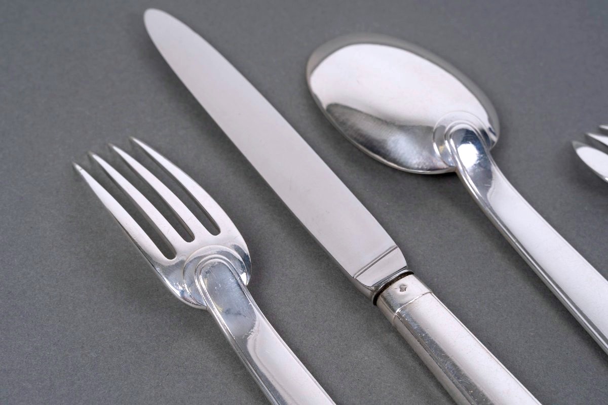 Puiforcat - Art Deco Cutlery Flatware Set Royan Normandie Sterling Silver - 57 Pieces-photo-4