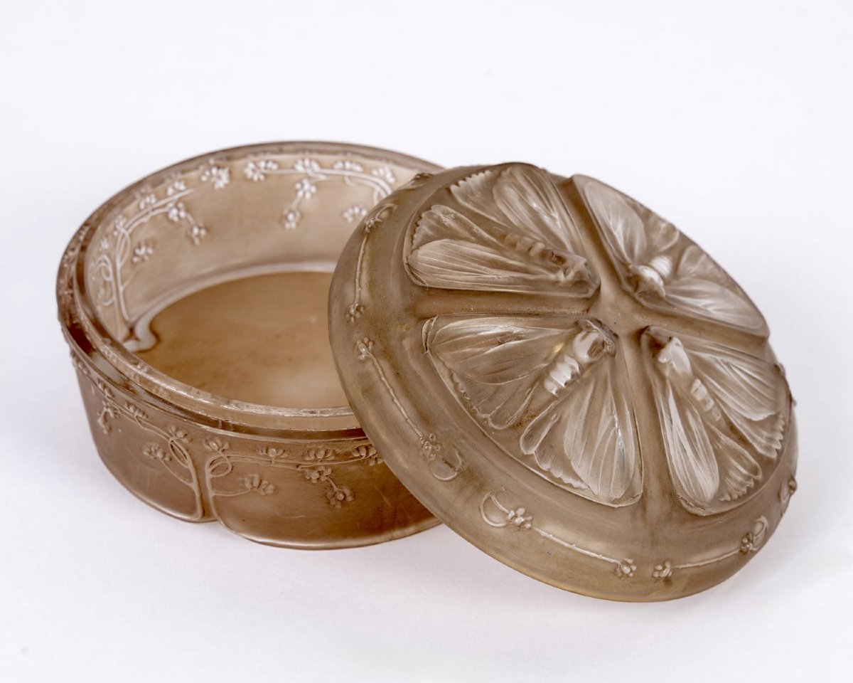 1911 René Lalique - Boîte Quatre Papillons Verre Blanc Patiné Sépia-photo-3