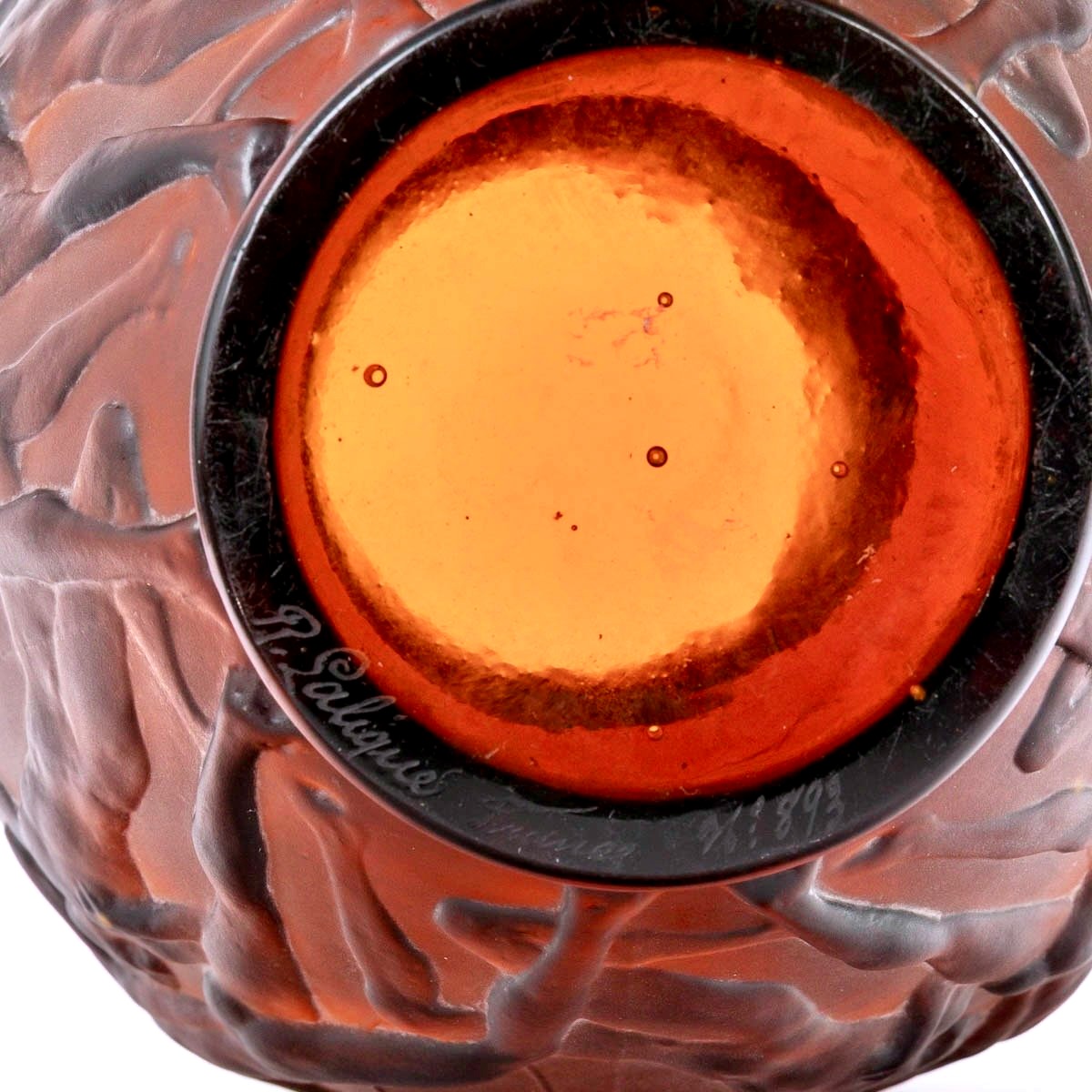 1921 René Lalique - Vase Archers Red Amber Glass With White Patina-photo-2