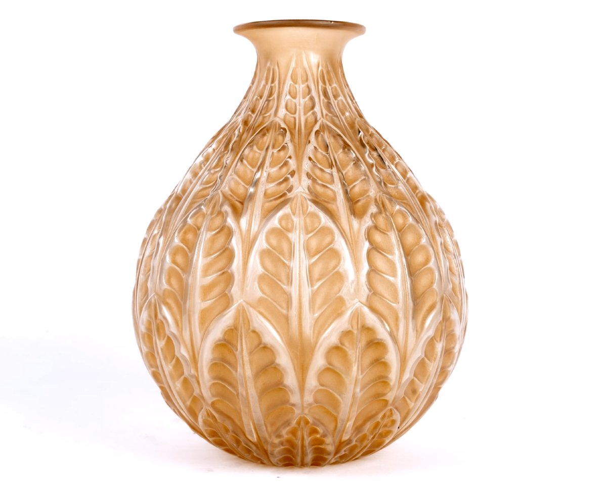 1927 René Lalique - Vase Malesherbes Verre Blanc Patiné Sépia